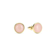 Load image into Gallery viewer, Round Petite Cabochon Rose Quartz Stud Earrings Gold Plated
