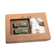 Load image into Gallery viewer, Australiana Muslin Wrap &amp; Latte Pram Clip Set