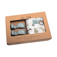 Load image into Gallery viewer, Farm Muslin Wrap &amp; Grey Pram Clip Set