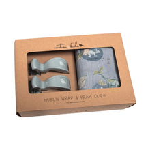 Load image into Gallery viewer, Dinosaurs of World Muslin Wrap &amp; Navy Blue Pram Clip Set