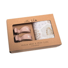 Load image into Gallery viewer, Beehive Muslin Wrap &amp; Dusty Pink Pram Clip Set